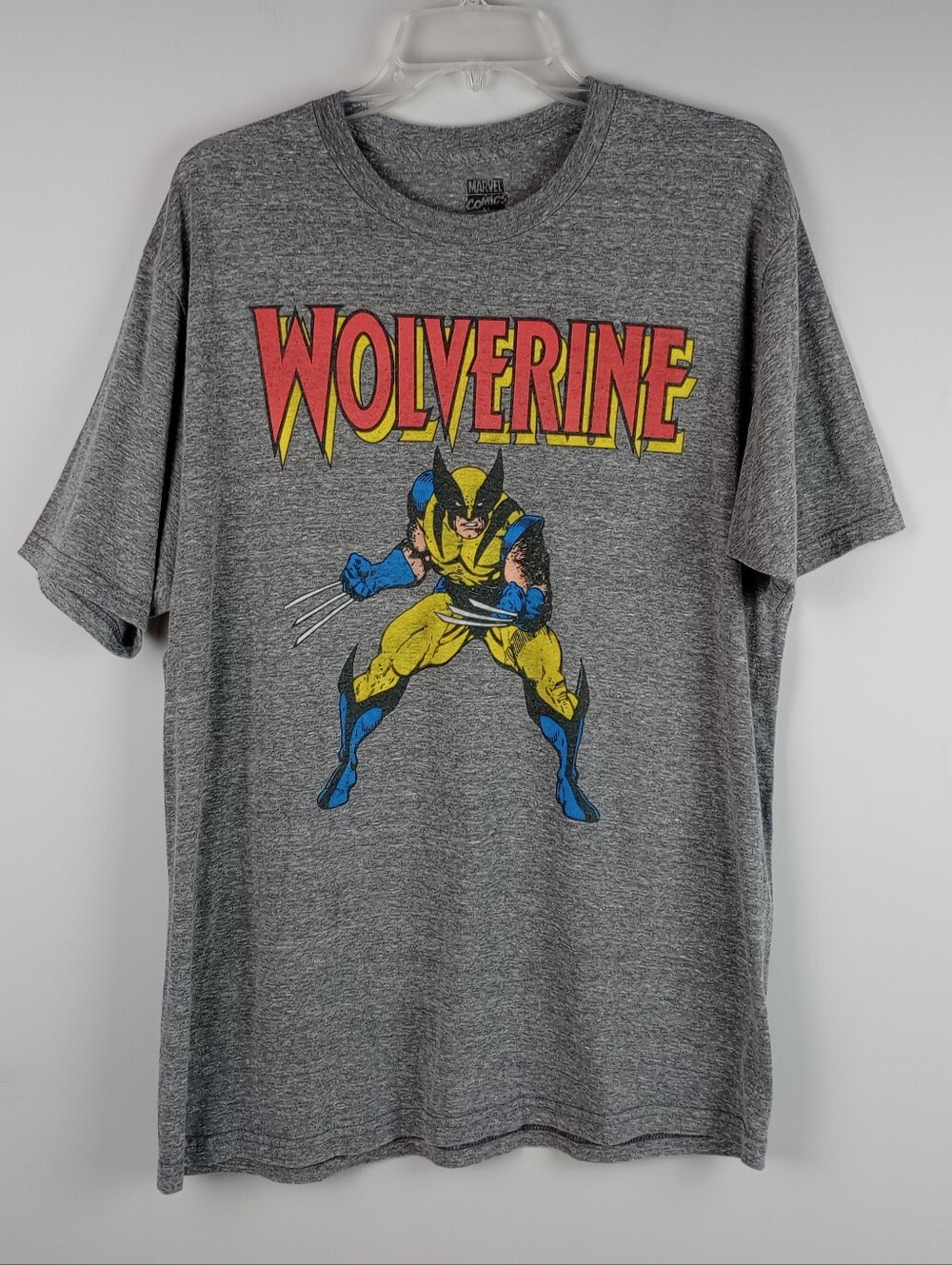 Marvel‎ Comics Mens 2XL Heather Gray Wolverine Blue Yellow Suit Graphic Tshirt